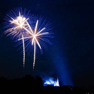 Brightly colorful fireworks in the night sky