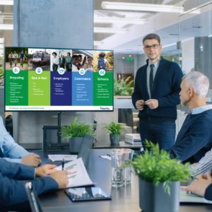 Young Stock Trader Shows to the Executive Managers Cryptocurrency and Trade Market Correlation Pointing at the Wall TV.